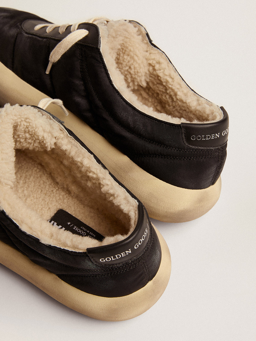 Women's Space-Star shoes in quilted black nylon with shearling lining| Golden Goose