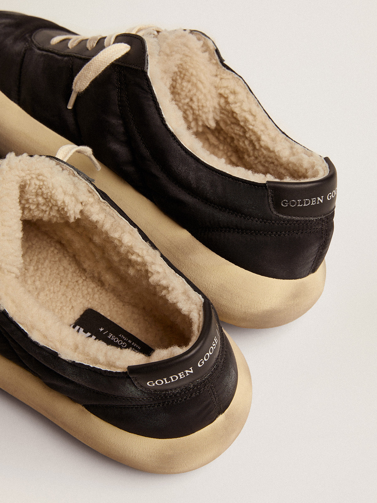 Women's Space-Star shoes in quilted black nylon with shearling lining| Golden Goose