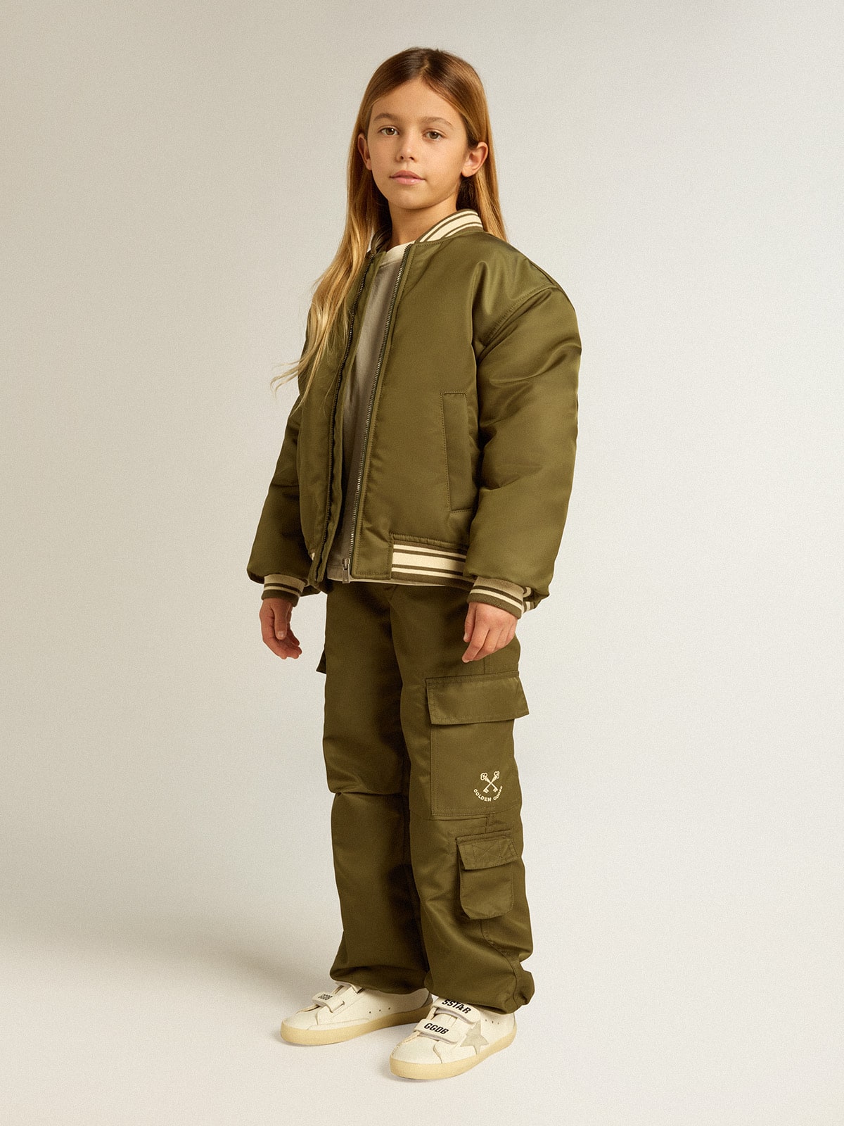 Kids military-green nylon bomber jacket with lettering on the back| Golden Goose