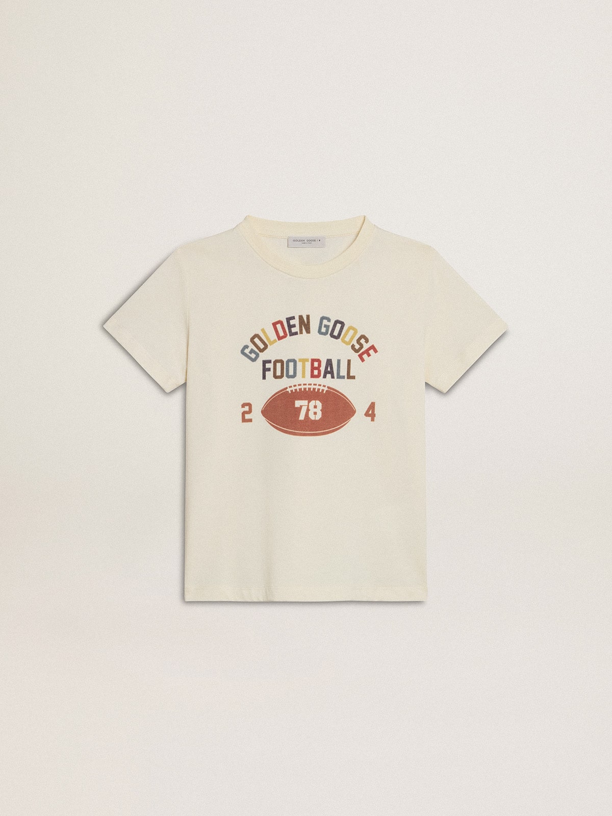 Boys' T-shirt in worn white with multicolor lettering| Golden Goose