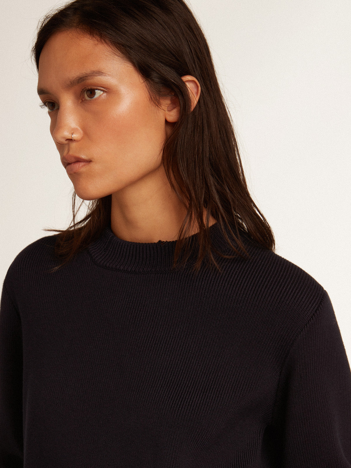 Women's round-neck sweater in dark blue cotton| Golden Goose