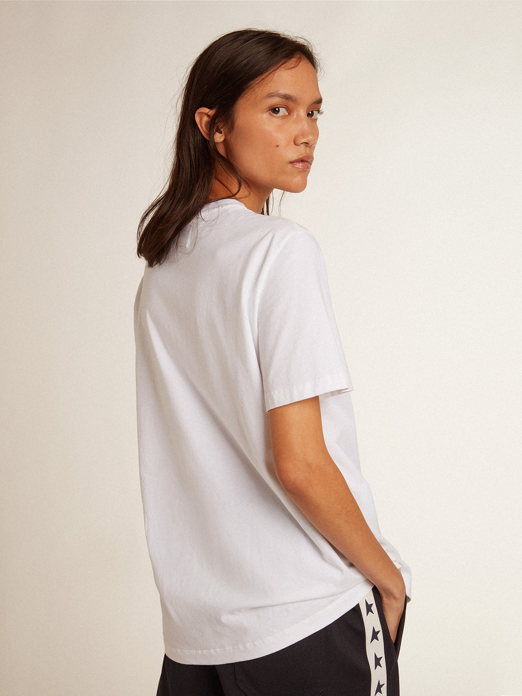 Women's white T-shirt with dark blue star on the front| Golden Goose