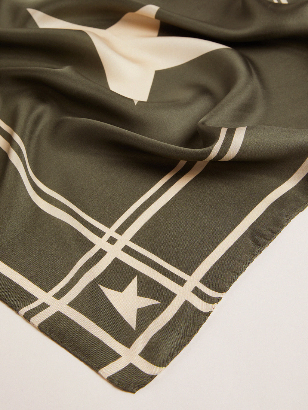 Moss green scarf with contrasting white stripes and stars| Golden Goose