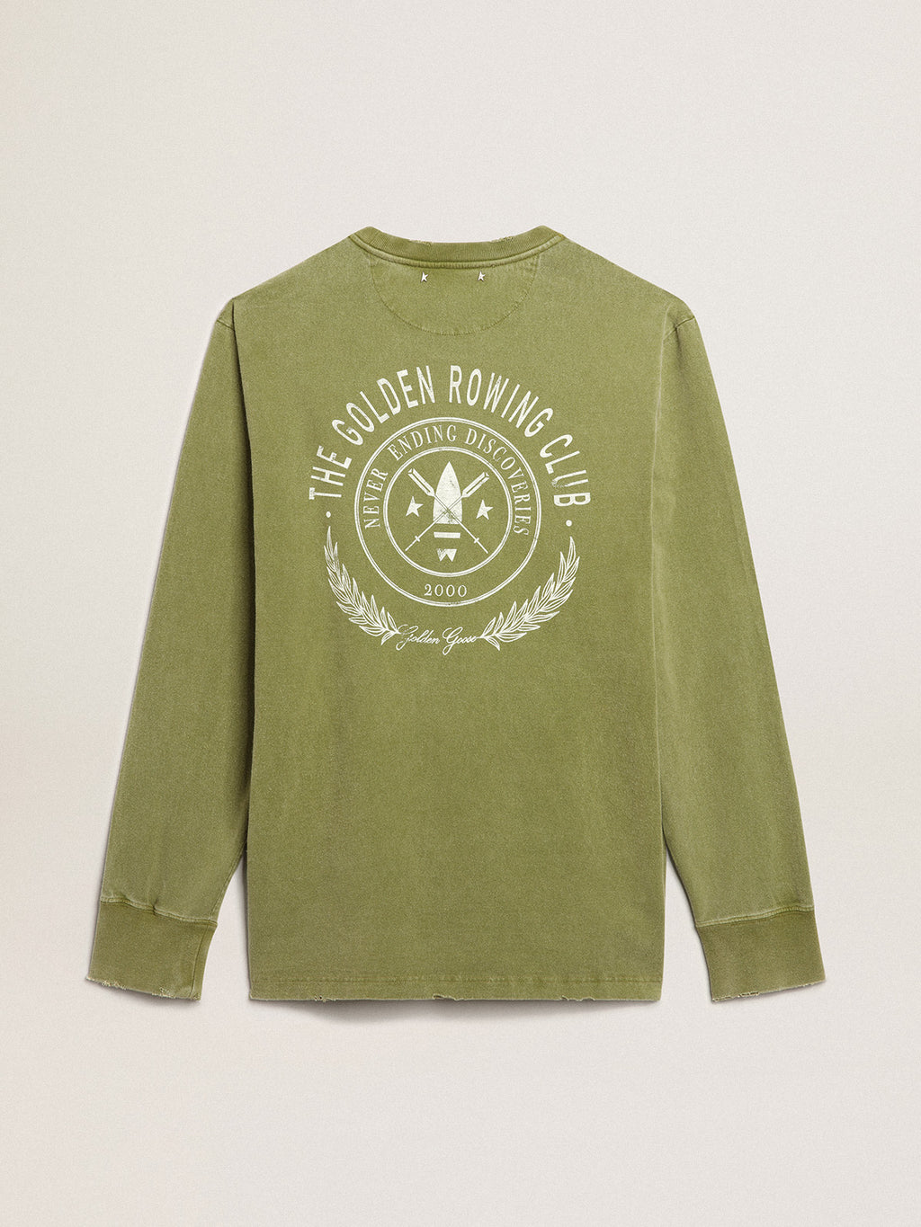 Pesto-green T-shirt with white logo on the front and back| Golden Goose