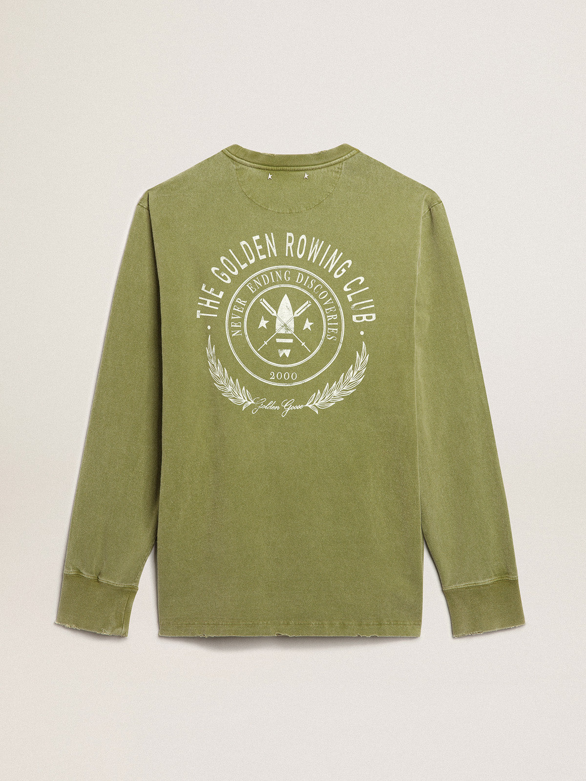 Pesto-green T-shirt with white logo on the front and back| Golden Goose