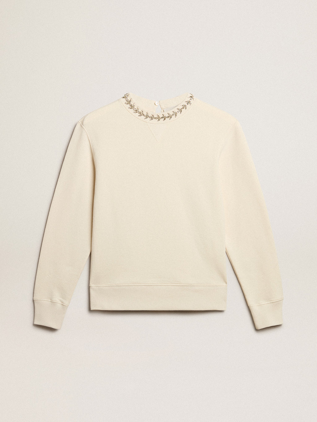 Round-neck cotton sweatshirt in aged white with hand-applied crystals| Golden Goose