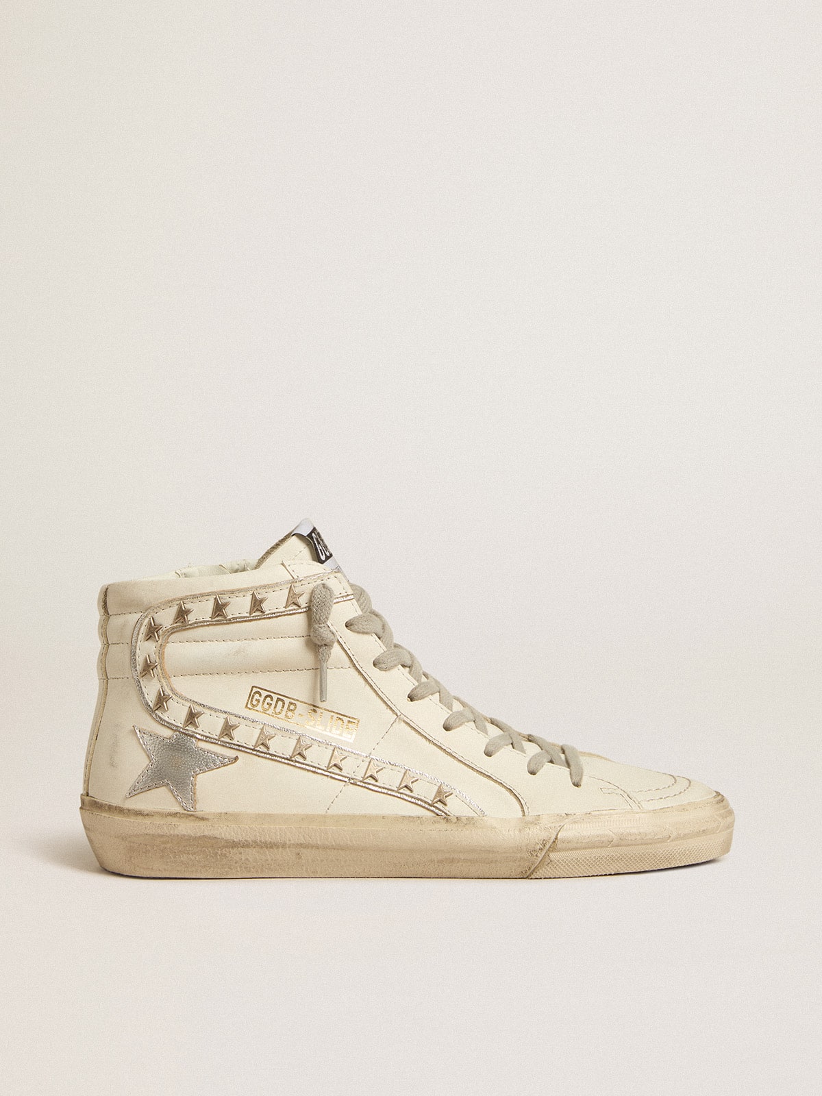 Slide with silver metallic leather star and leather flash with stars| Golden Goose
