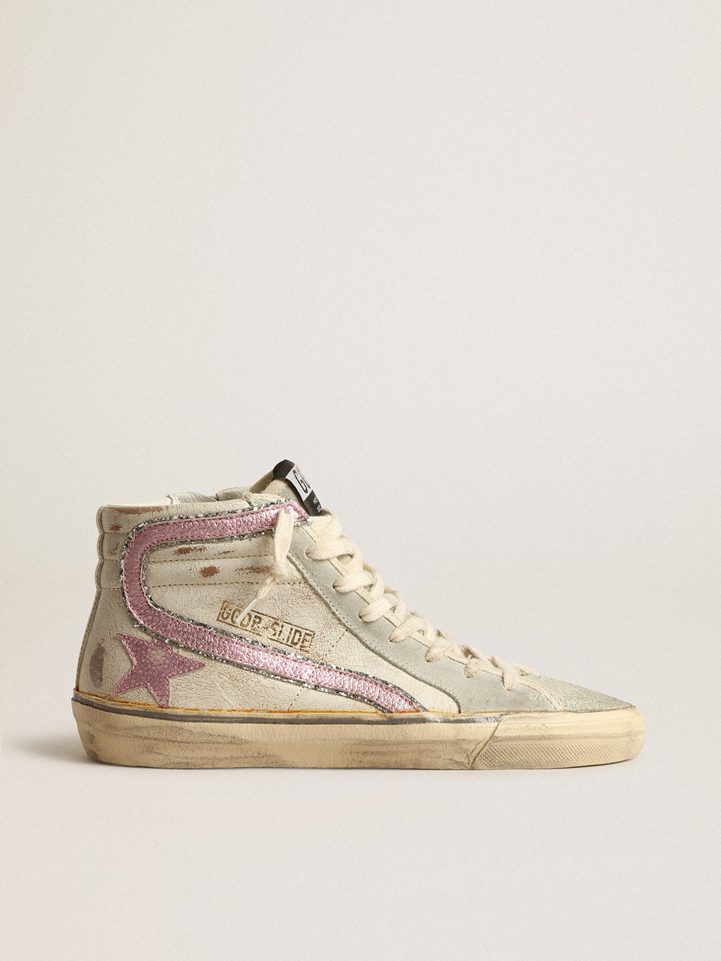 Slide LTD in beige with pink metallic leather star and flash| Golden Goose