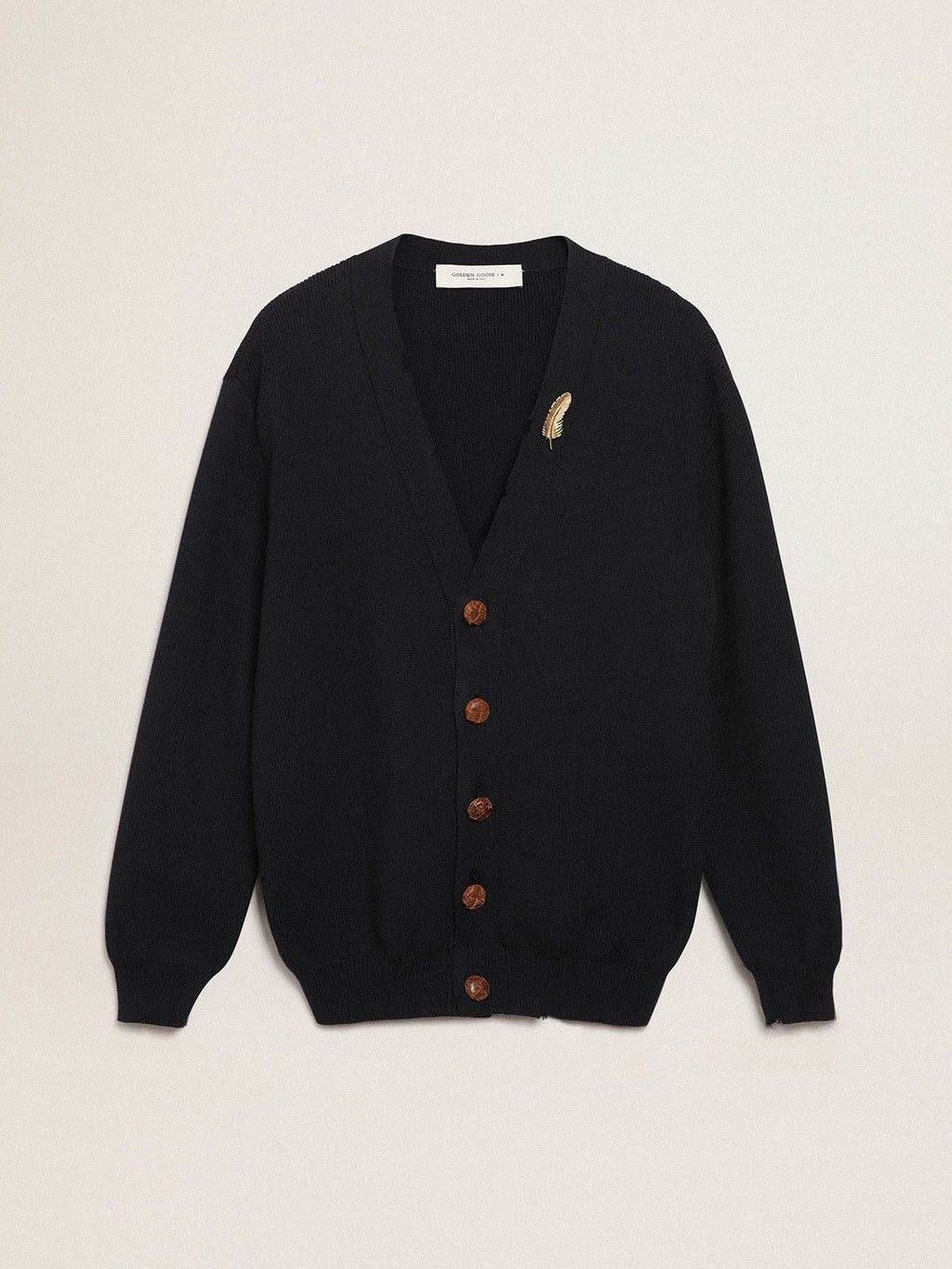 Golden Collection cardigan in dark blue cotton with a distressed finish| Golden Goose