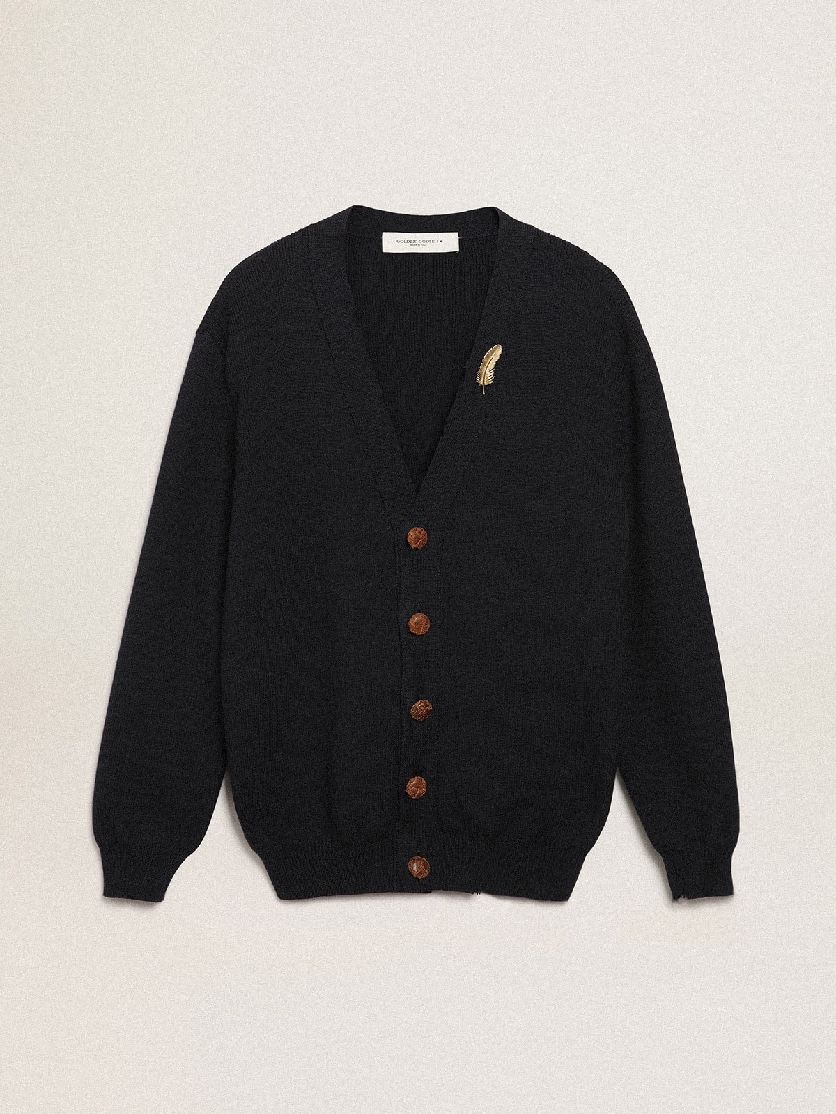 Golden Collection cardigan in dark blue cotton with a distressed finish| Golden Goose