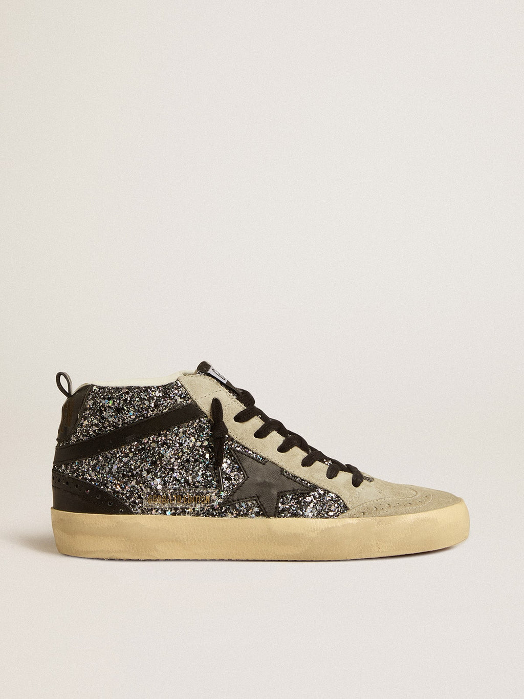 Mid Star LTD in black glitter with black leather star and flash| Golden Goose