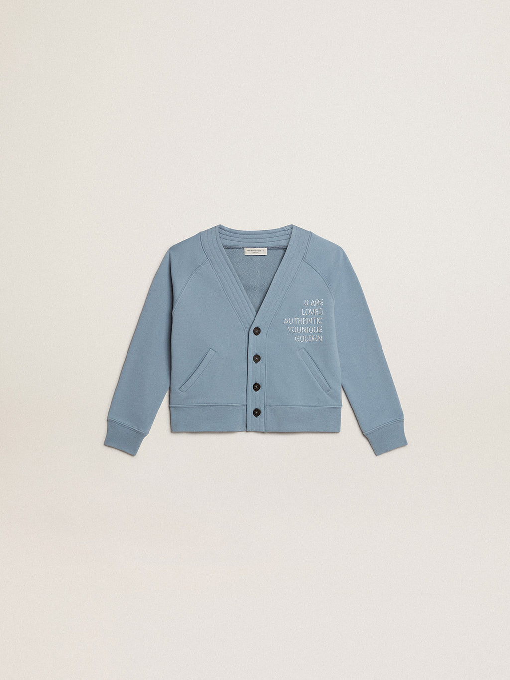 Girls' light blue cotton cardigan with beaded lettering| Golden Goose