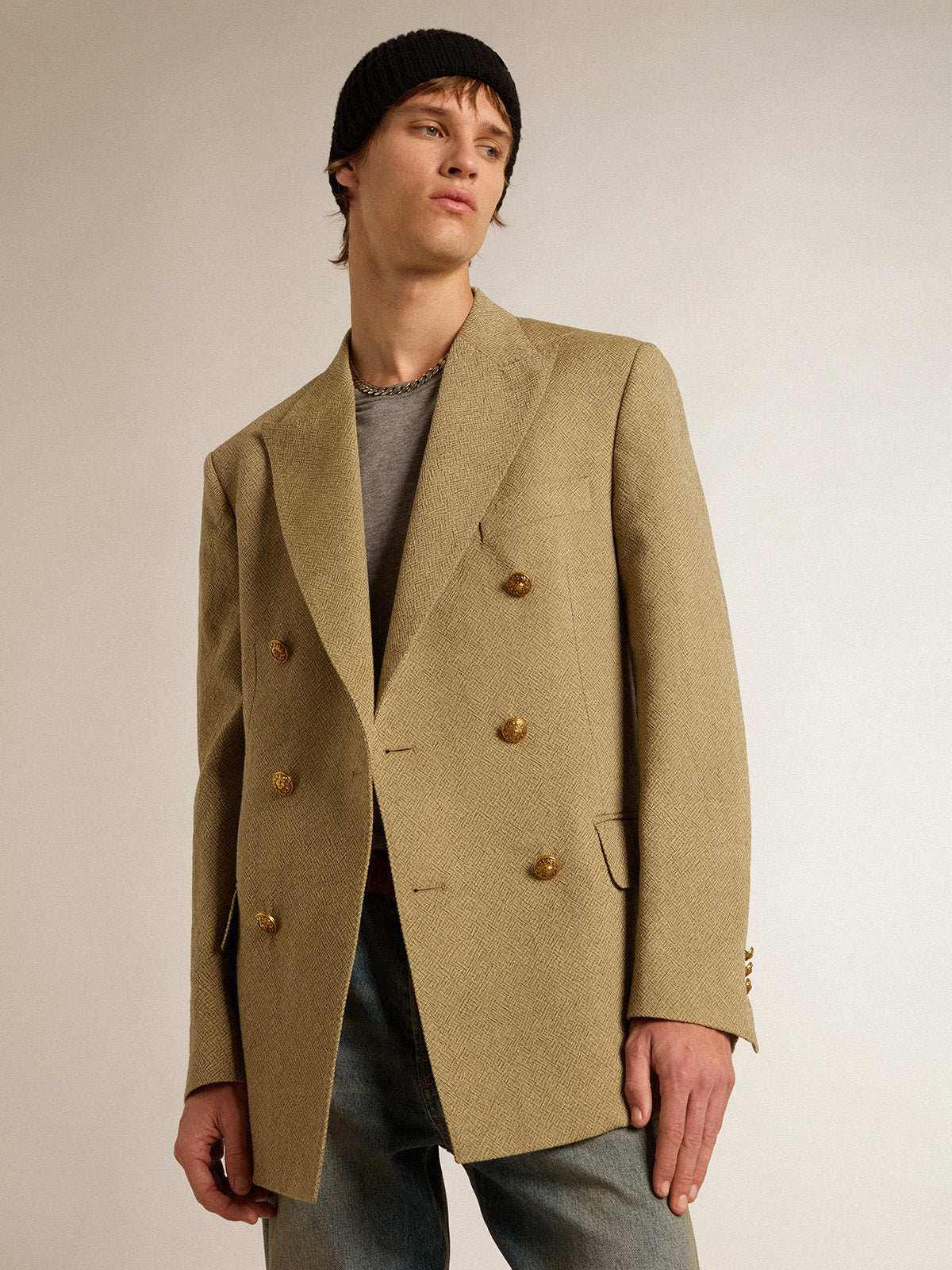 Men's pale beech-colored double-breasted blazer| Golden Goose