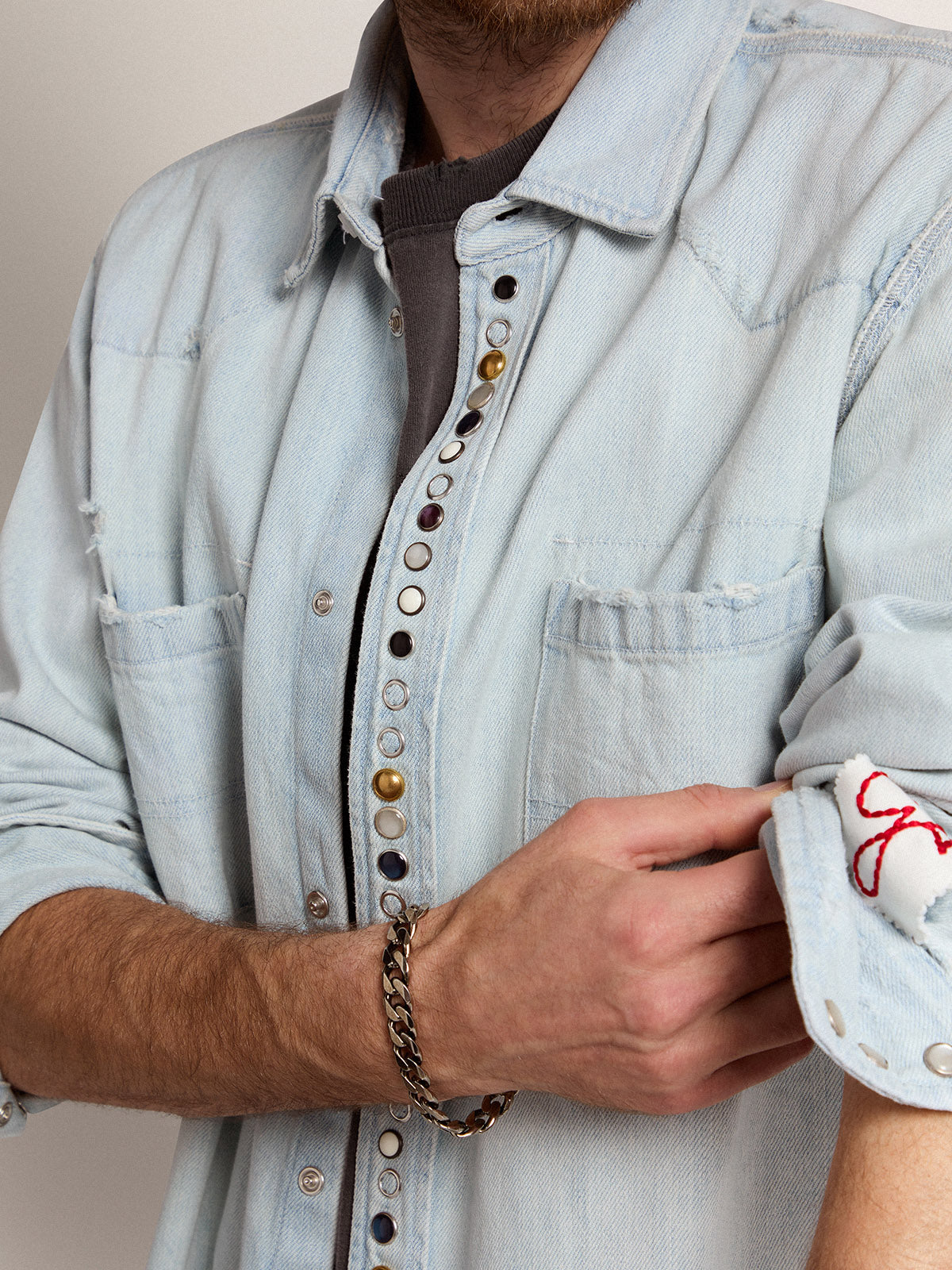 Men's bleached denim shirt with hammered studs| Golden Goose