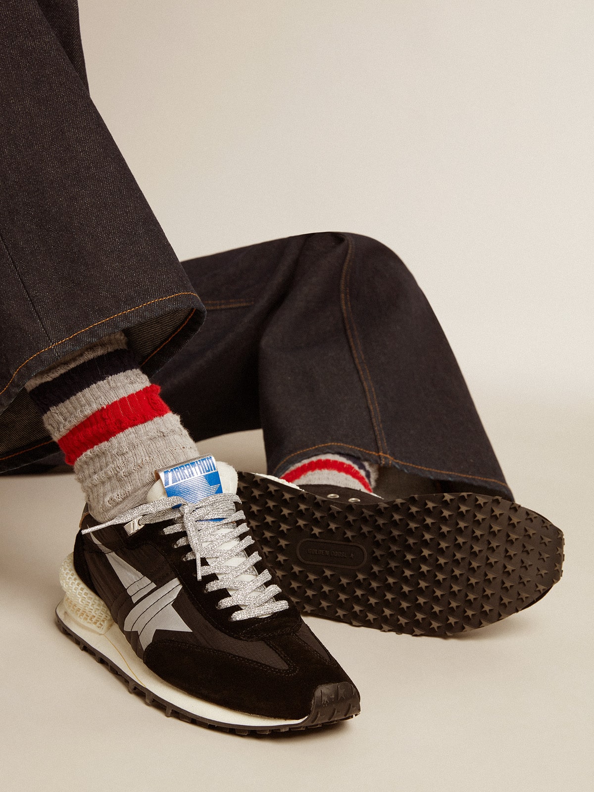 Men's Marathon with black ripstop nylon upper and silver star| Golden Goose