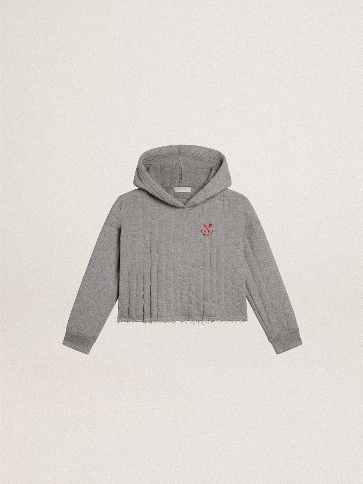 Girls' cropped sweatshirt in gray melange with a hood and embroidery on the front| Golden Goose