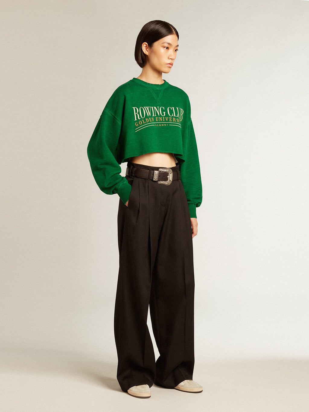Green cropped round-neck cotton sweatshirt| Golden Goose