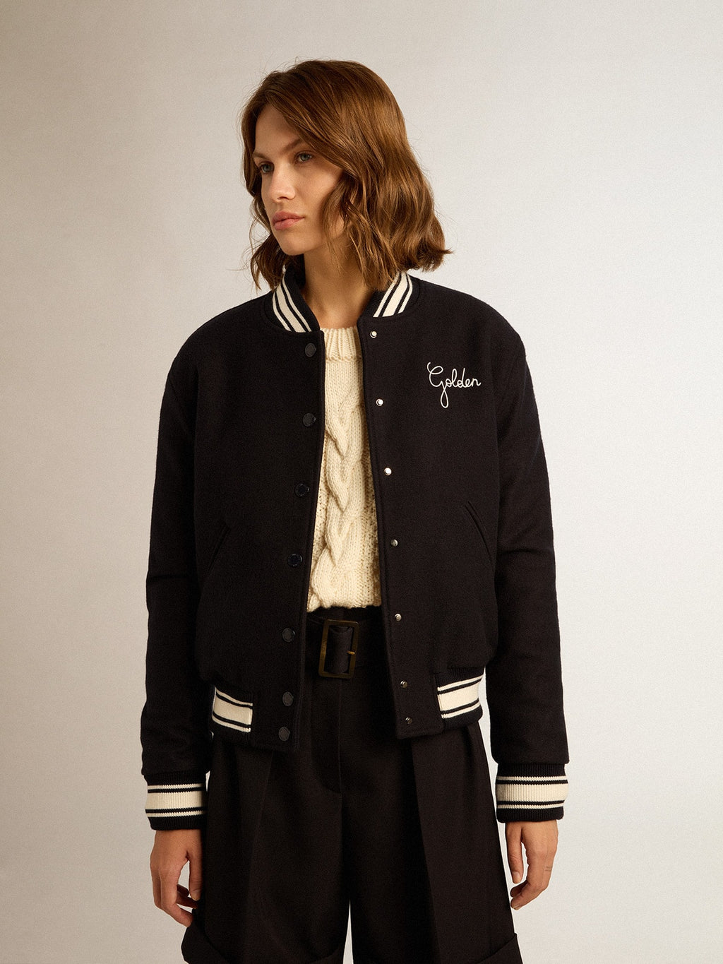 Women's bomber jacket in dark blue wool with white details| Golden Goose