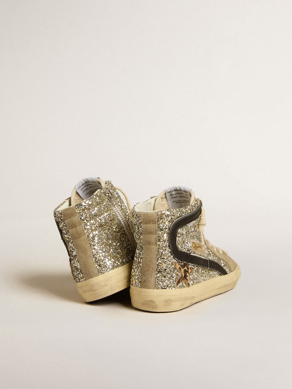Slide in platinum glitter with leopard-print pony skin star and black flash| Golden Goose