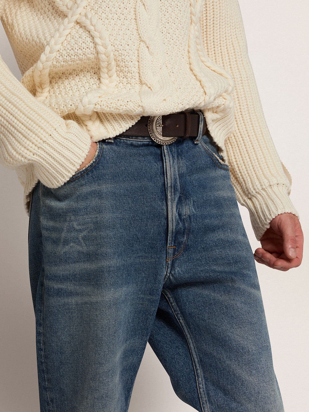 Black Ranch belt in washed leather with silver color studs| Golden Goose