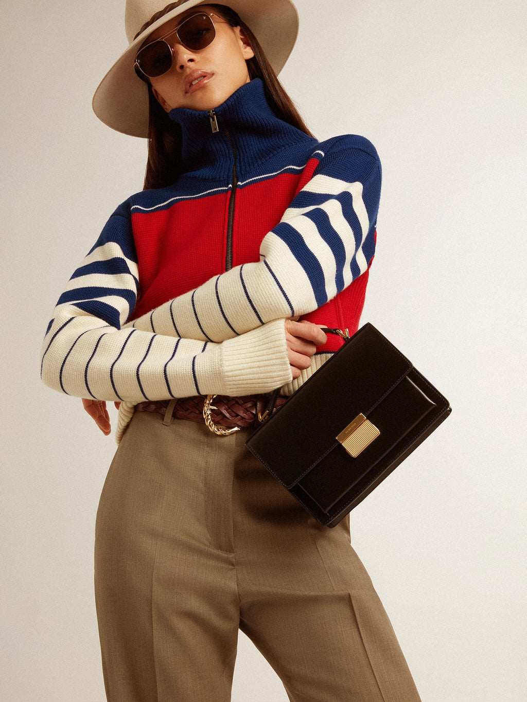 Venezia Bag in black boarded leather with gold details| Golden Goose