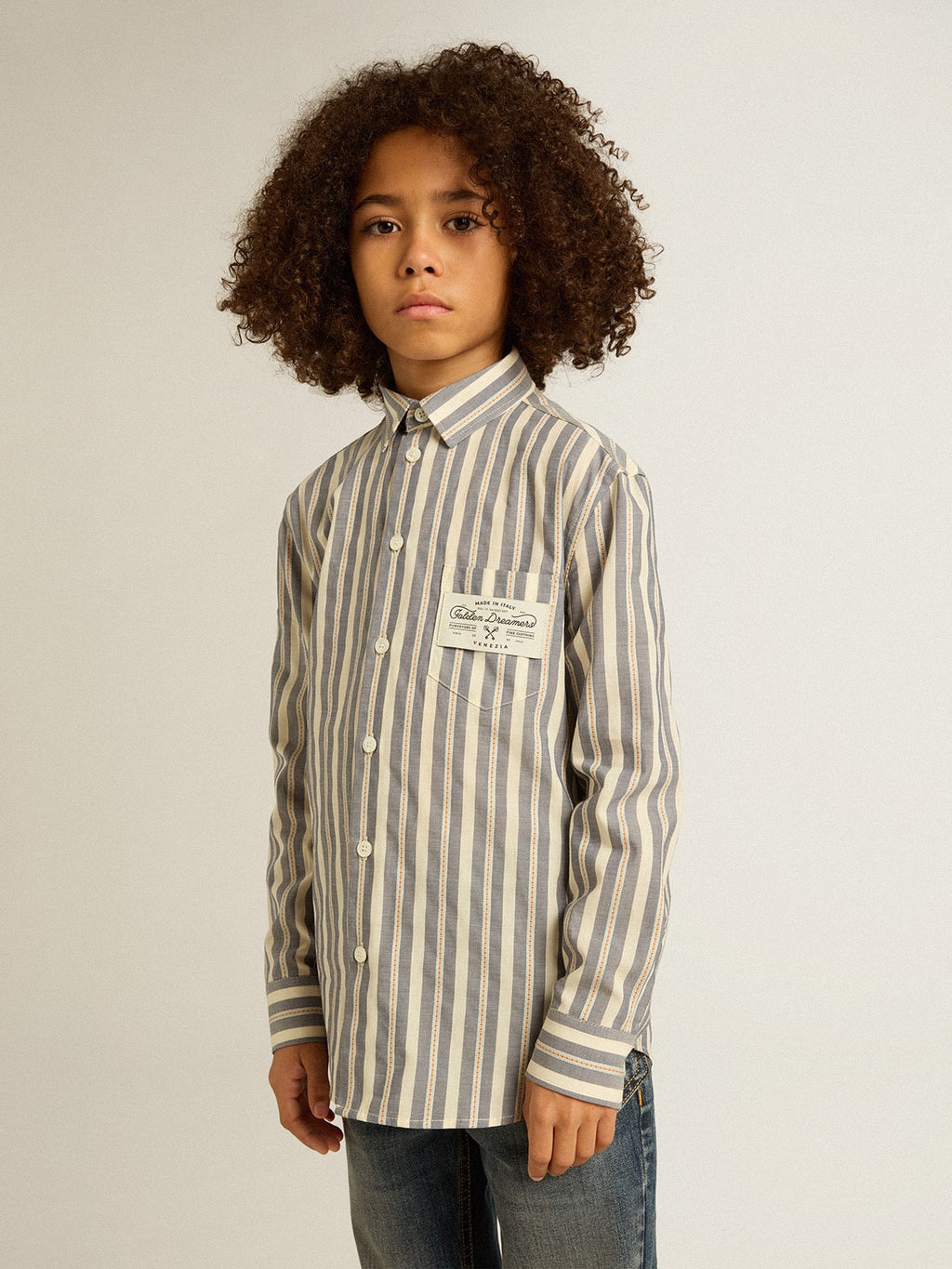 Boys' striped shirt with Golden Dreamers detail on the pocket| Golden Goose