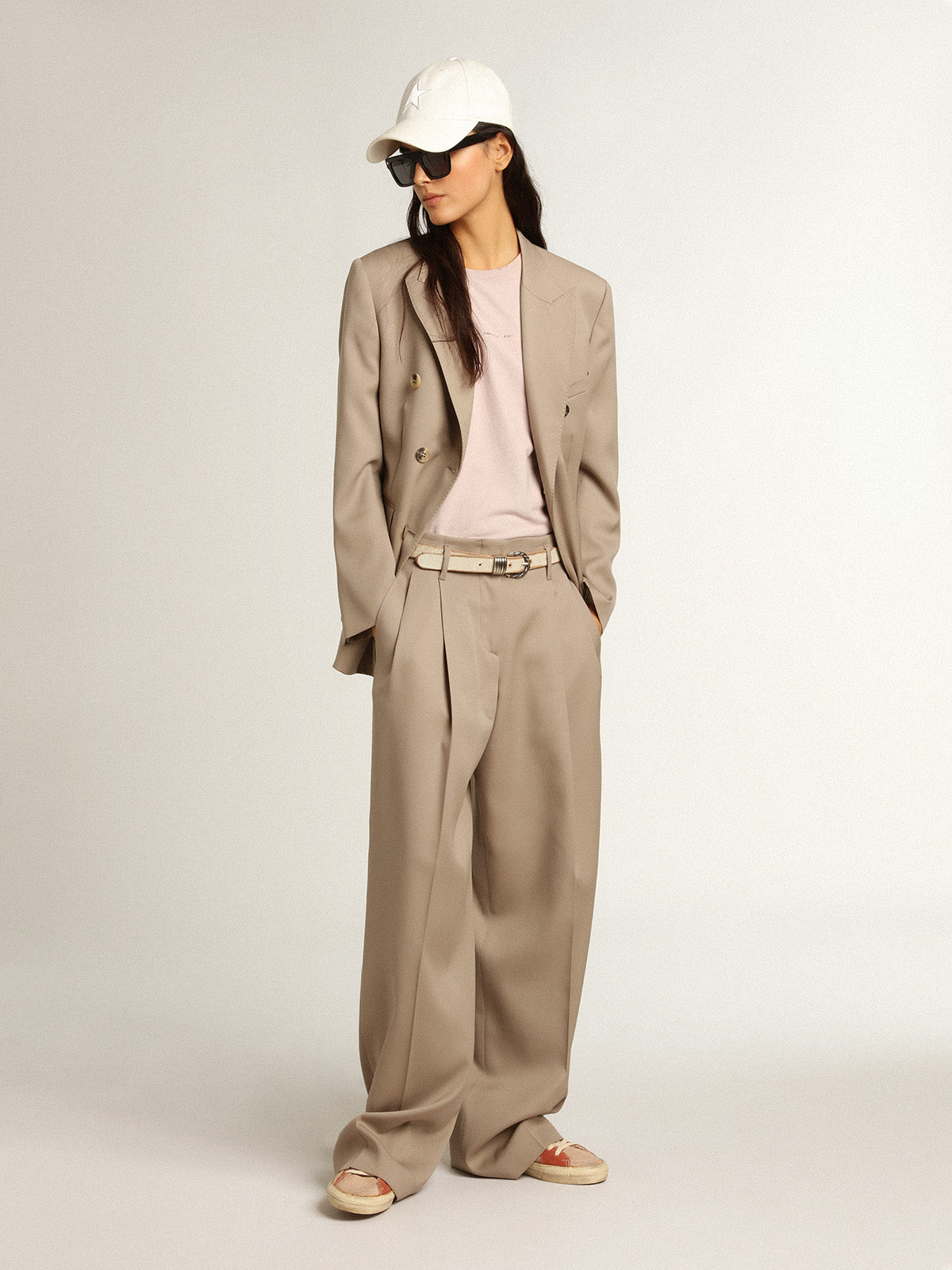 Double-breasted blazer in light beige wool gabardine| Golden Goose