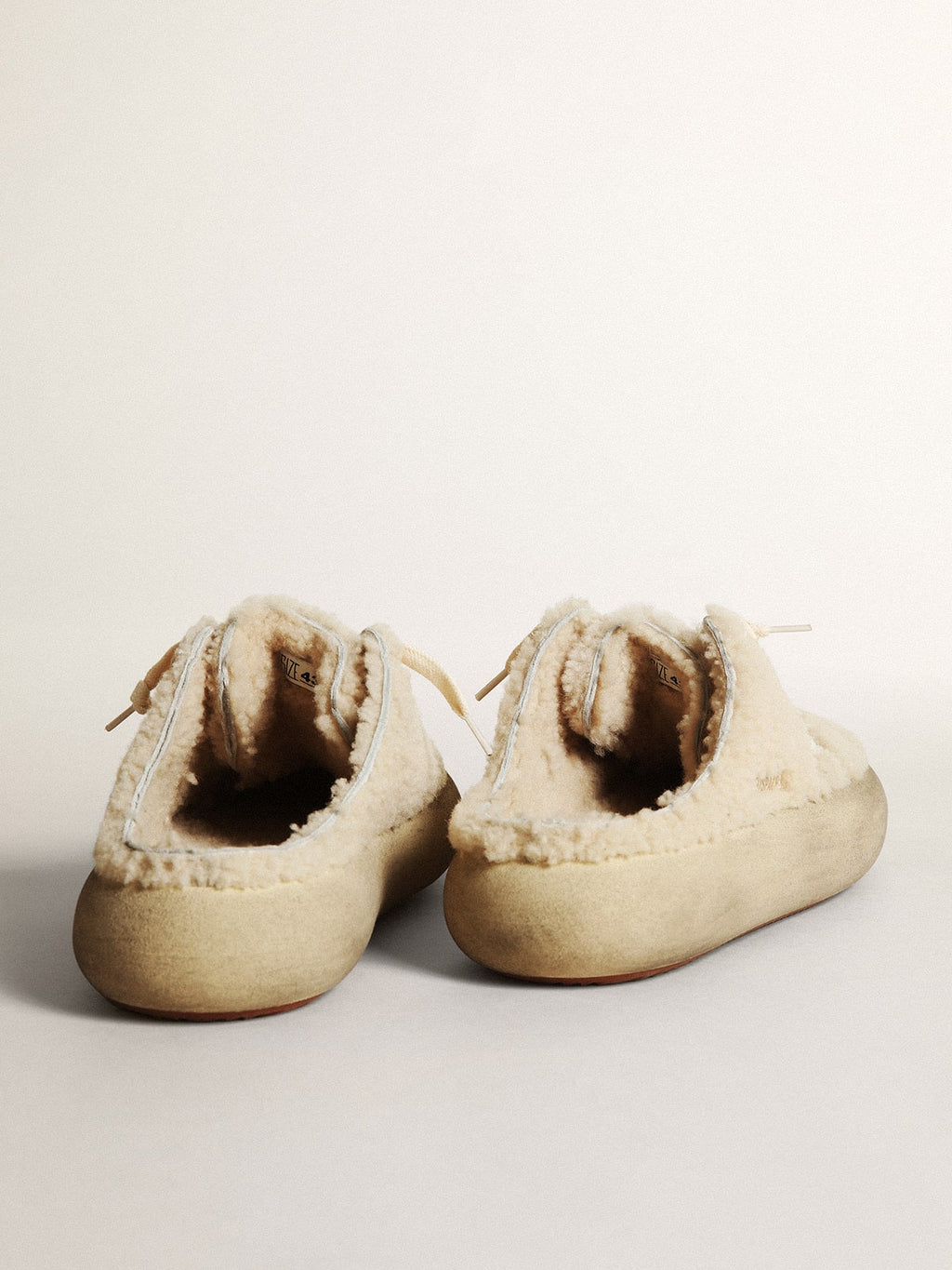 Men's Space-Star Sabots in beige shearling with white leather star| Golden Goose