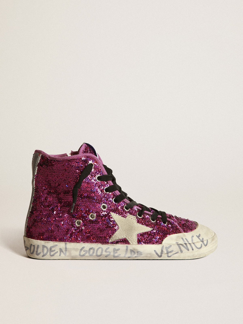 Francy sneakers with sequins and handwritten lettering on the outsole| Golden Goose