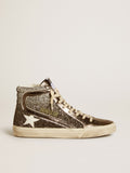 Women's Slide in black and silver glitter with leather star and metallic flash| Golden Goose