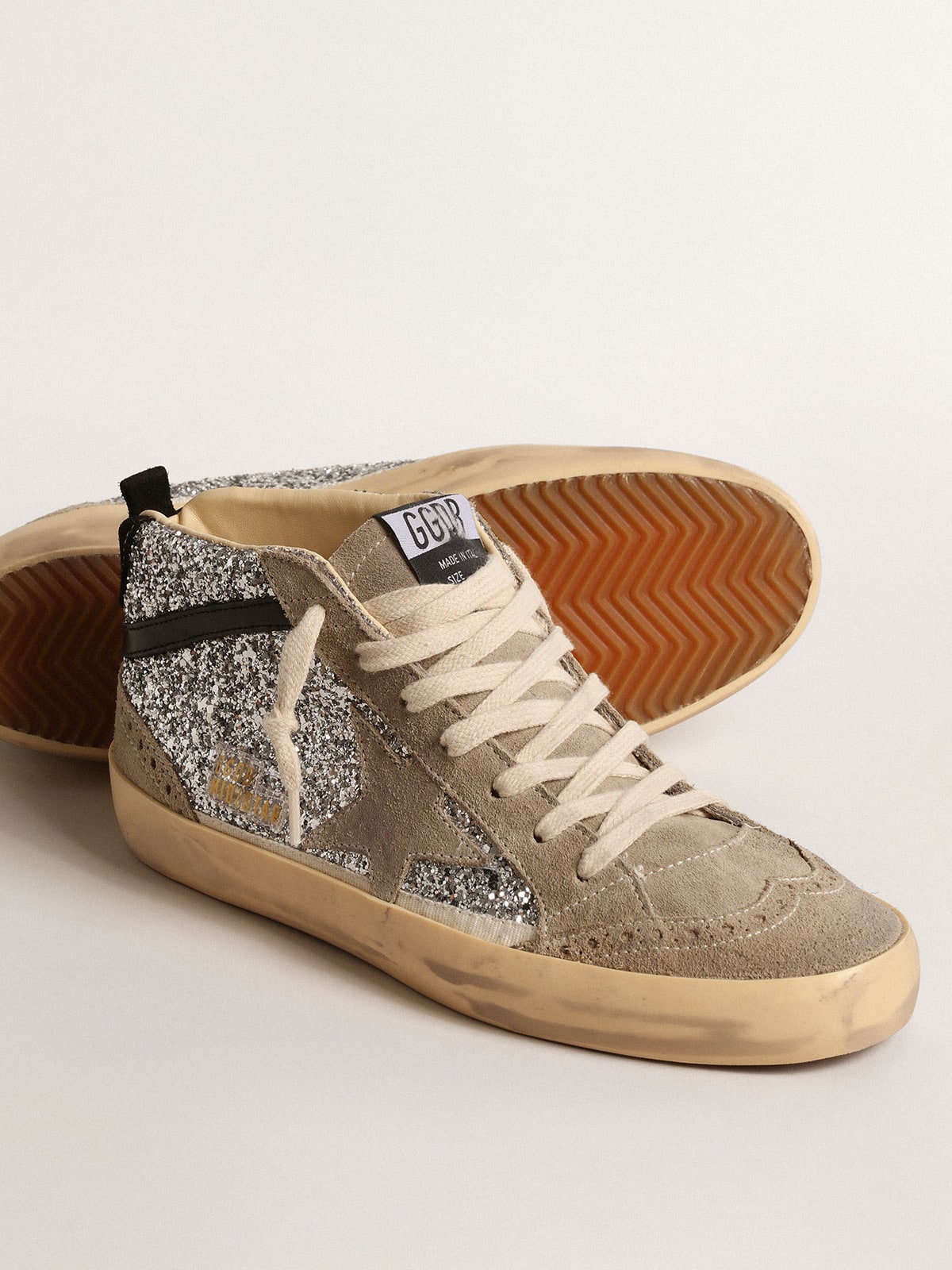 Mid Star in silver glitter with suede star and black flash| Golden Goose