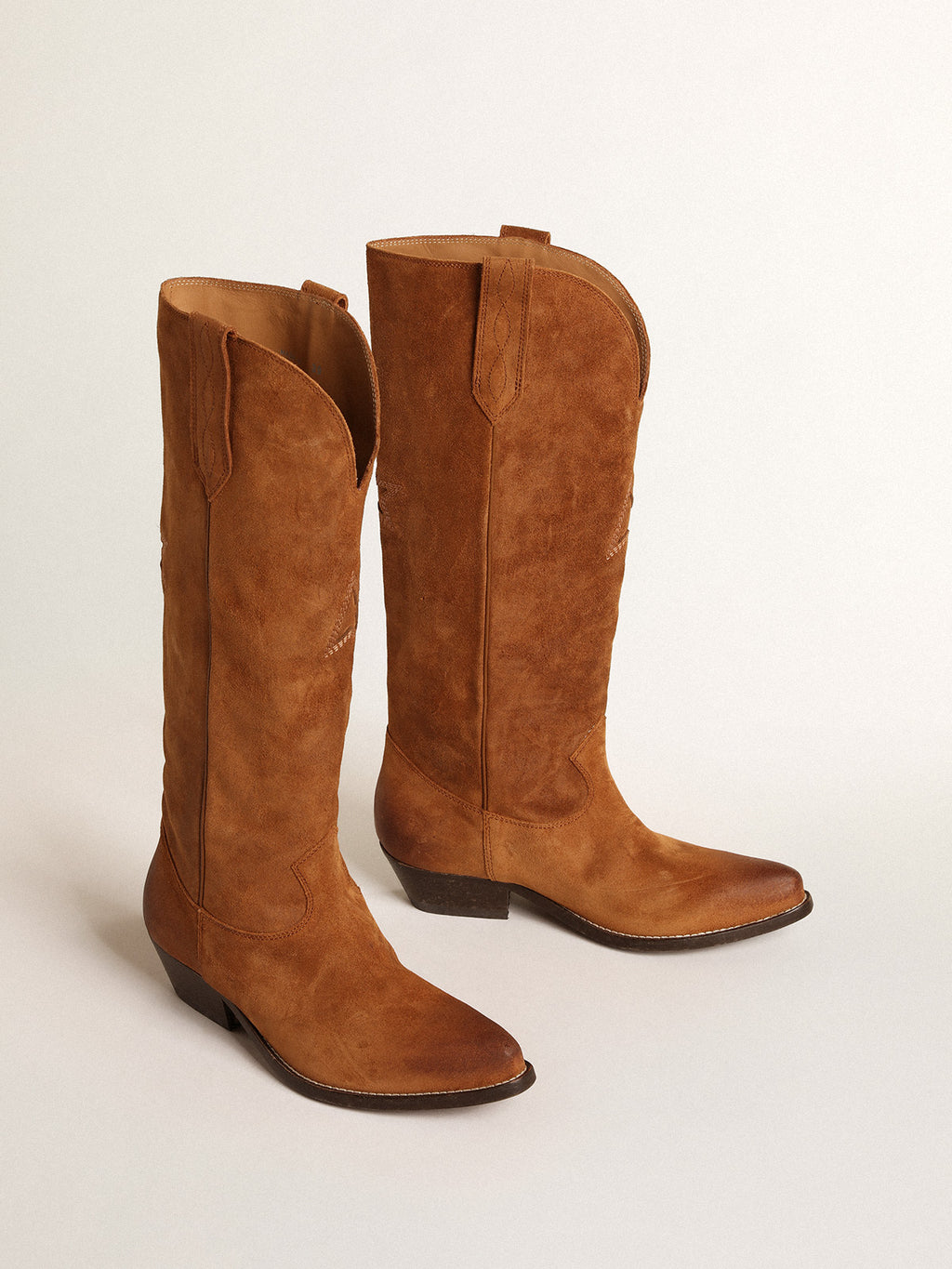 Wish Star boots in cognac suede with tone-on-tone inlay star| Golden Goose