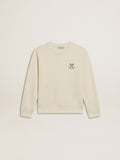 Girls' T-shirt in worn white with embroidery on the front and print on the back| Golden Goose