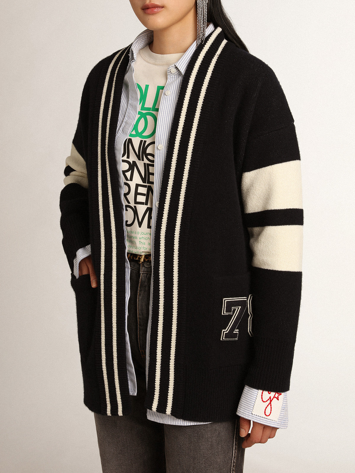 Women's blue cardigan with belt at the waist and lettering on the back| Golden Goose