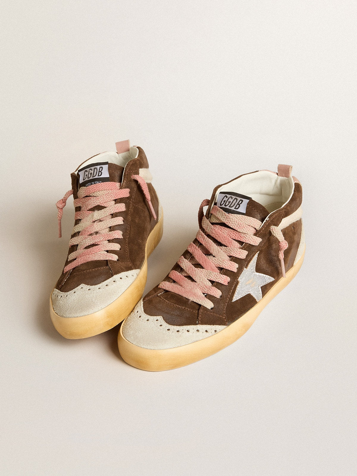 Mid Star LTD in brown suede with silver nappa leather star and cream flash| Golden Goose