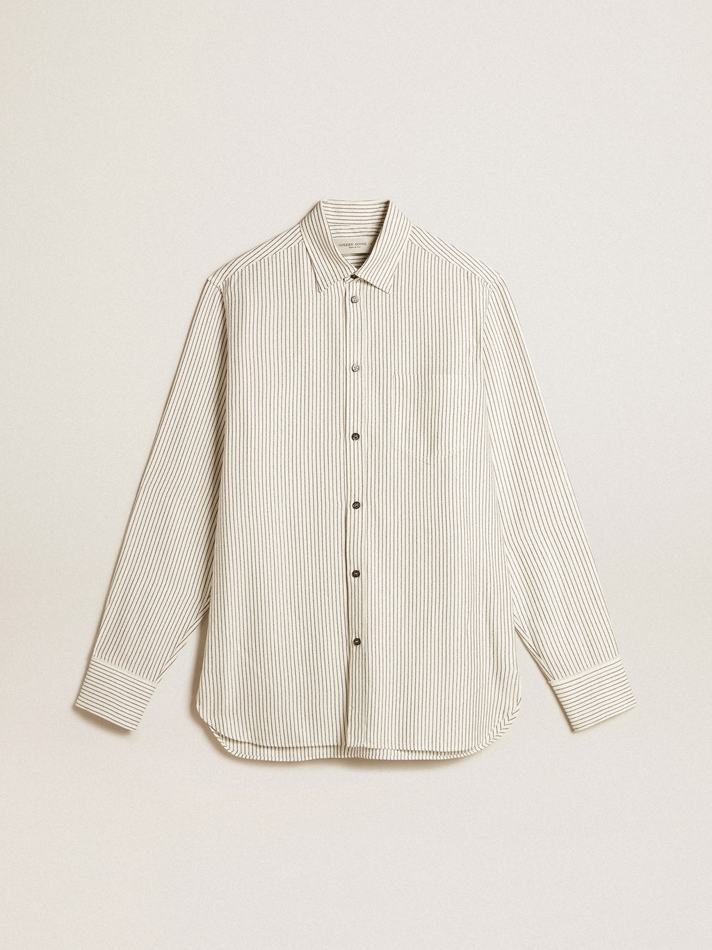 Men's white viscose shirt with narrow black stripes| Golden Goose