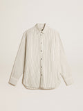 Men's white viscose shirt with narrow black stripes| Golden Goose