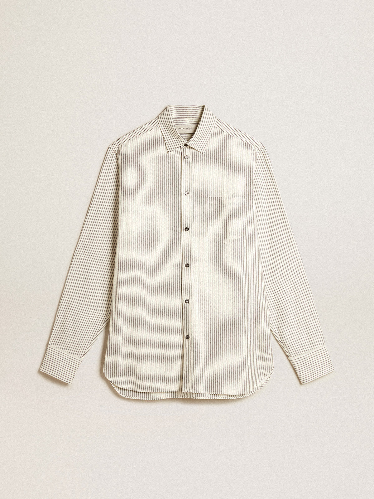 Men's white viscose shirt with narrow black stripes| Golden Goose