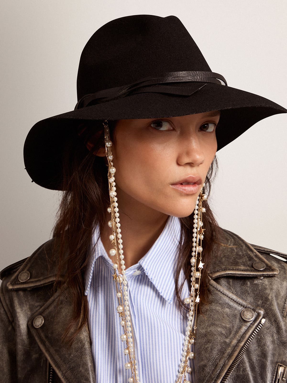 Women's black Fedora hat with strap| Golden Goose