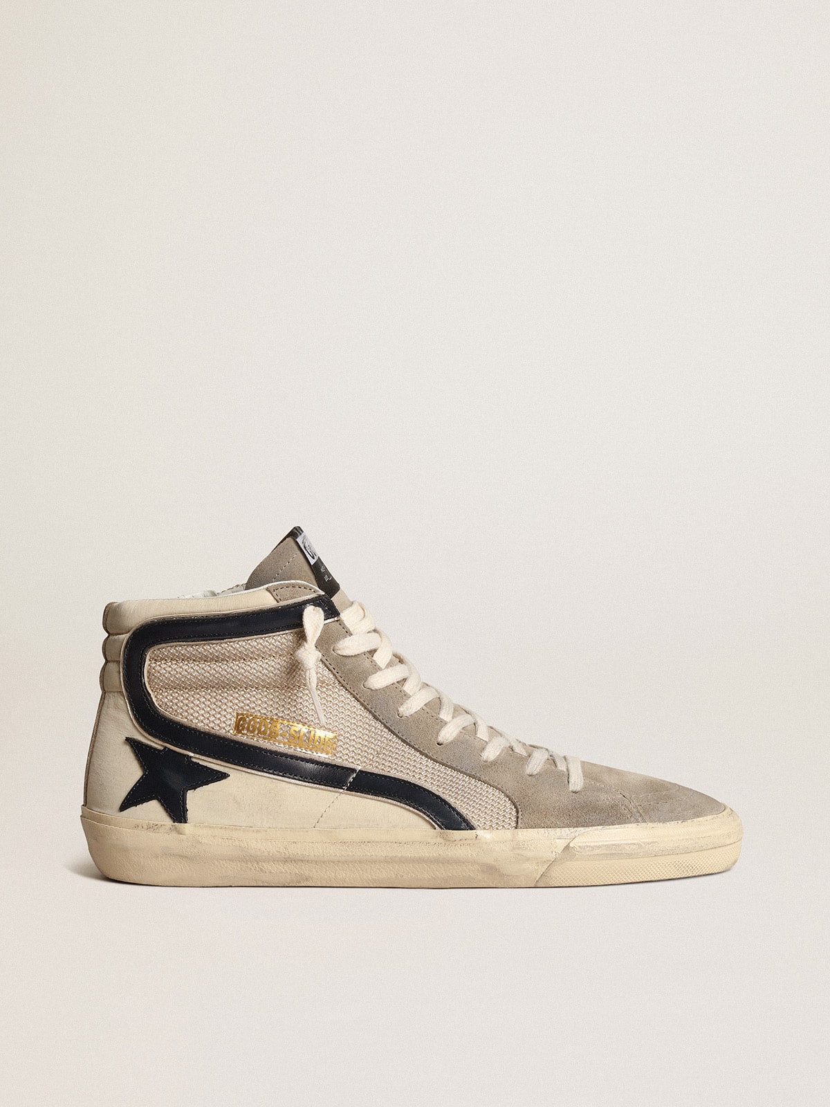 Slide in beige mesh and nylon with blue leather star and flash| Golden Goose