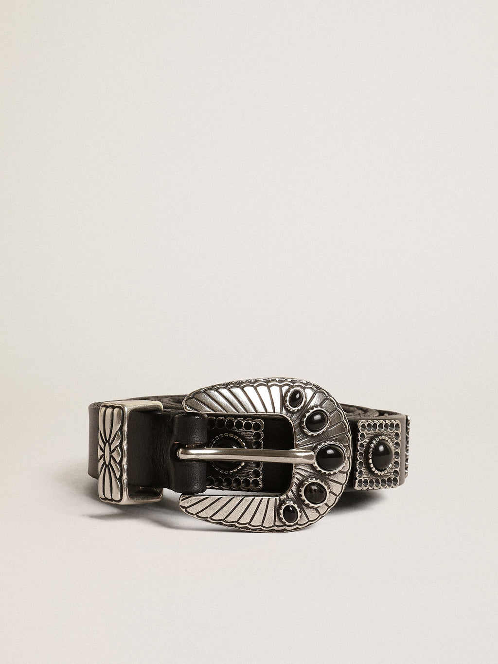 Shell belt in black leather with silver colored studs| Golden Goose