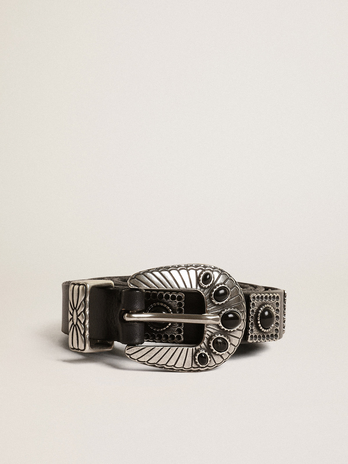 Shell belt in black leather with silver colored studs| Golden Goose
