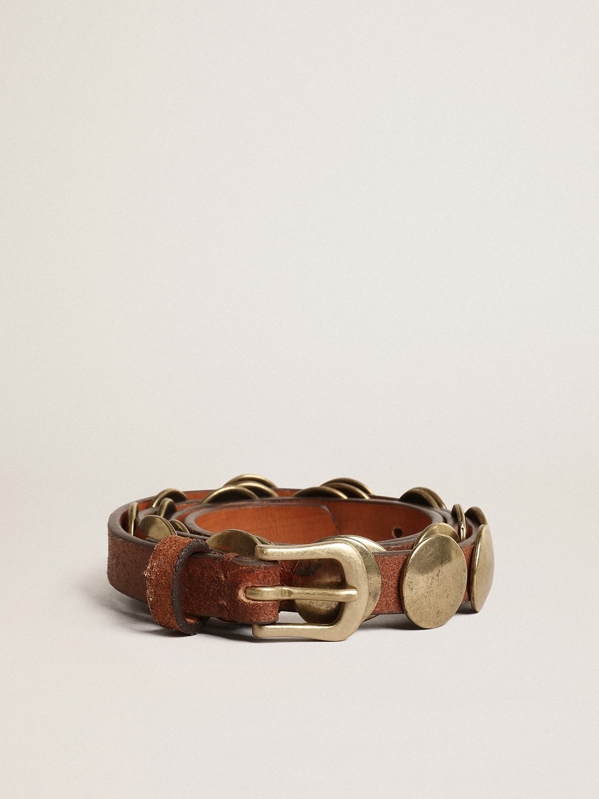 Trinidad belt in aged tan-colored leather with golden maxi studs| Golden Goose