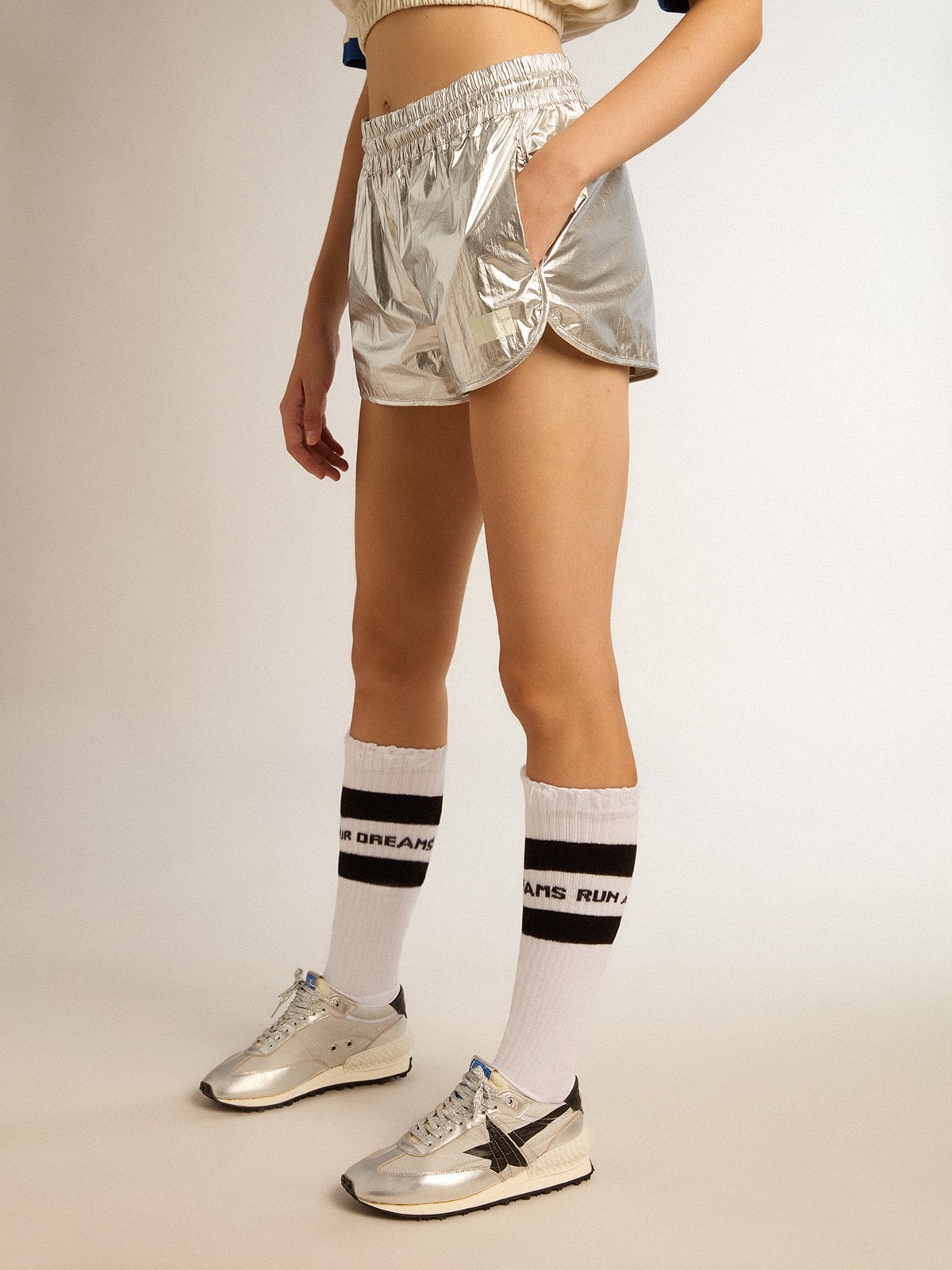 Women's running shorts in silver fabric| Golden Goose
