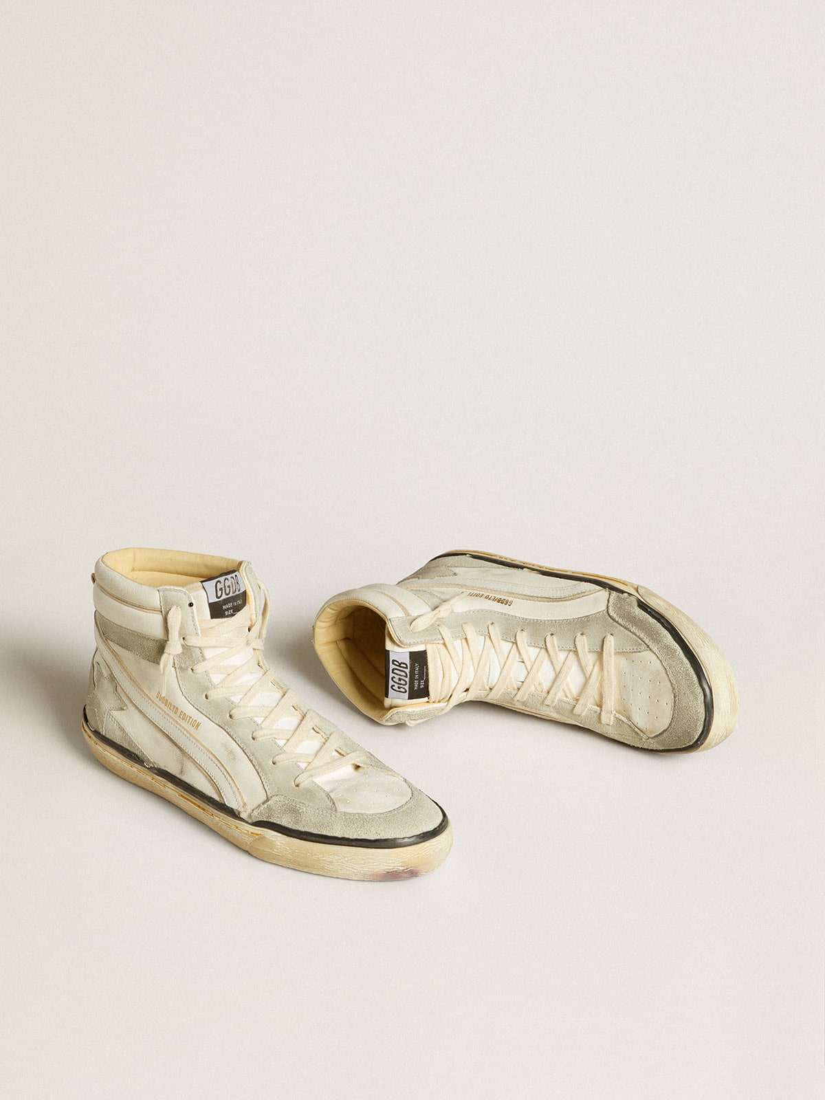 Slide LAB in aged-white nappa leather with gray suede star and white leather flash| Golden Goose