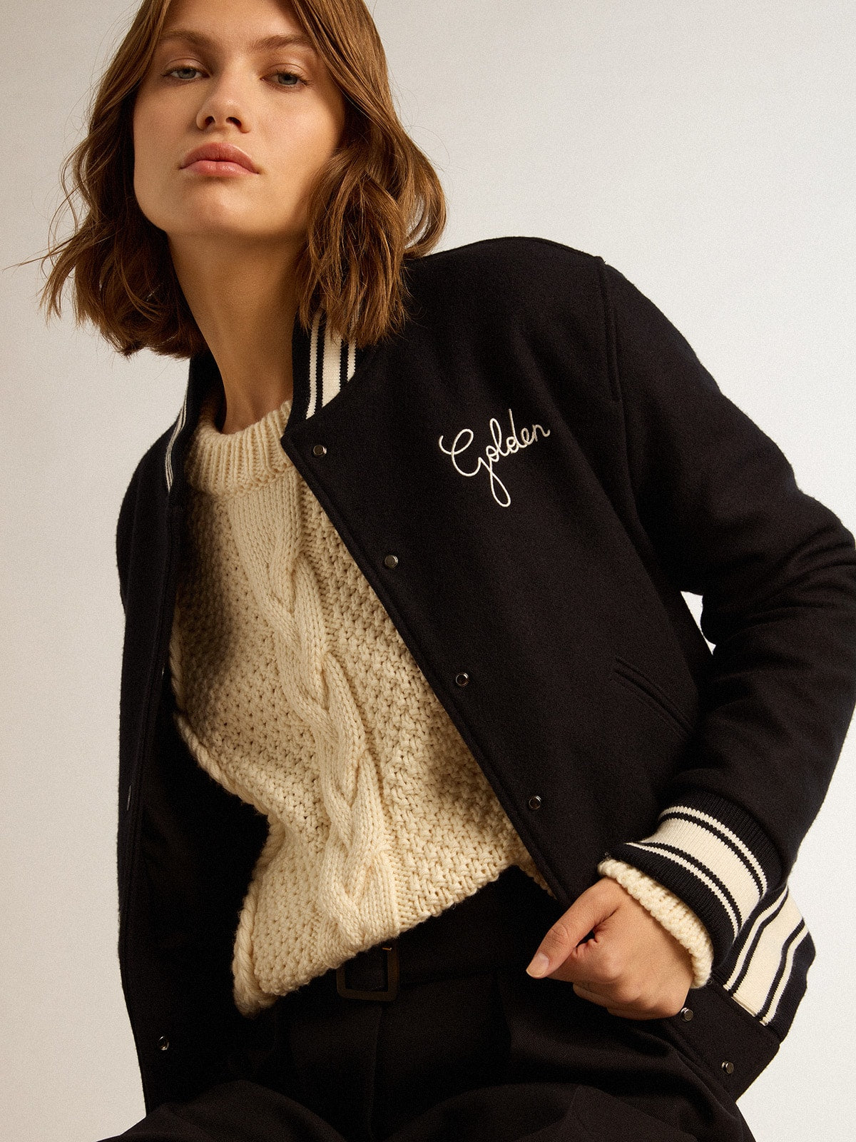 Women's bomber jacket in dark blue wool with white details| Golden Goose