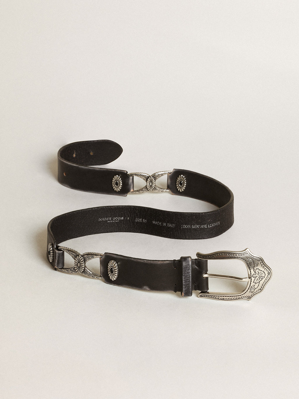 Women's belt in black leather with silver decorations| Golden Goose