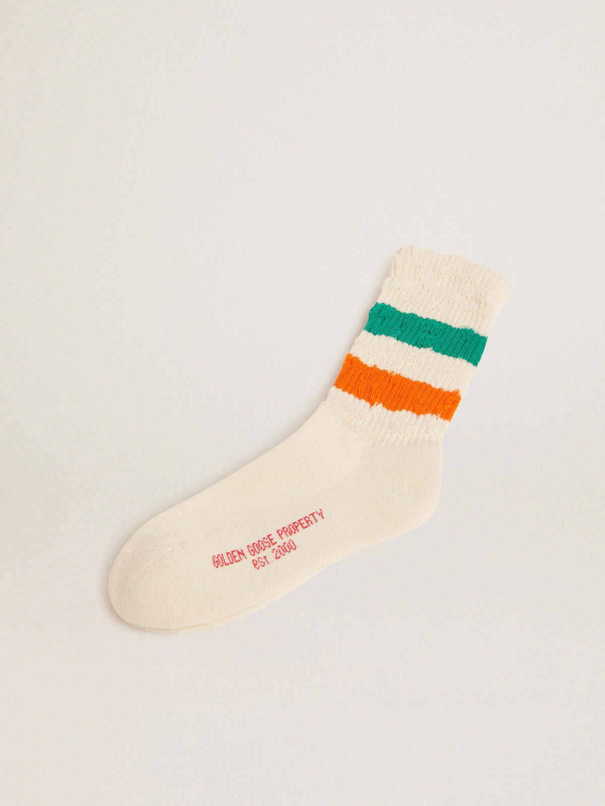 Distressed-finish white socks with green and orange stripes| Golden Goose