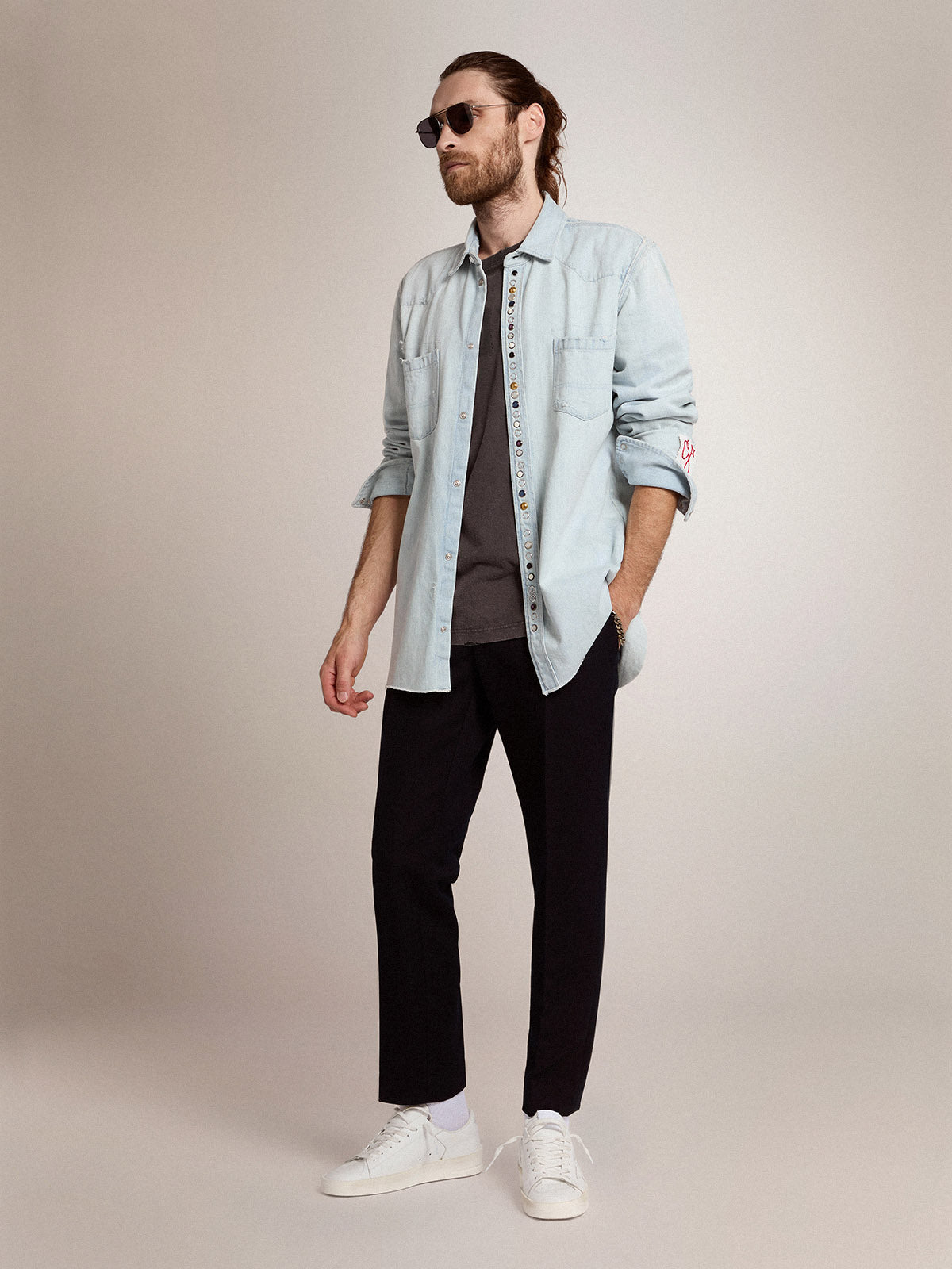Men's bleached denim shirt with hammered studs| Golden Goose