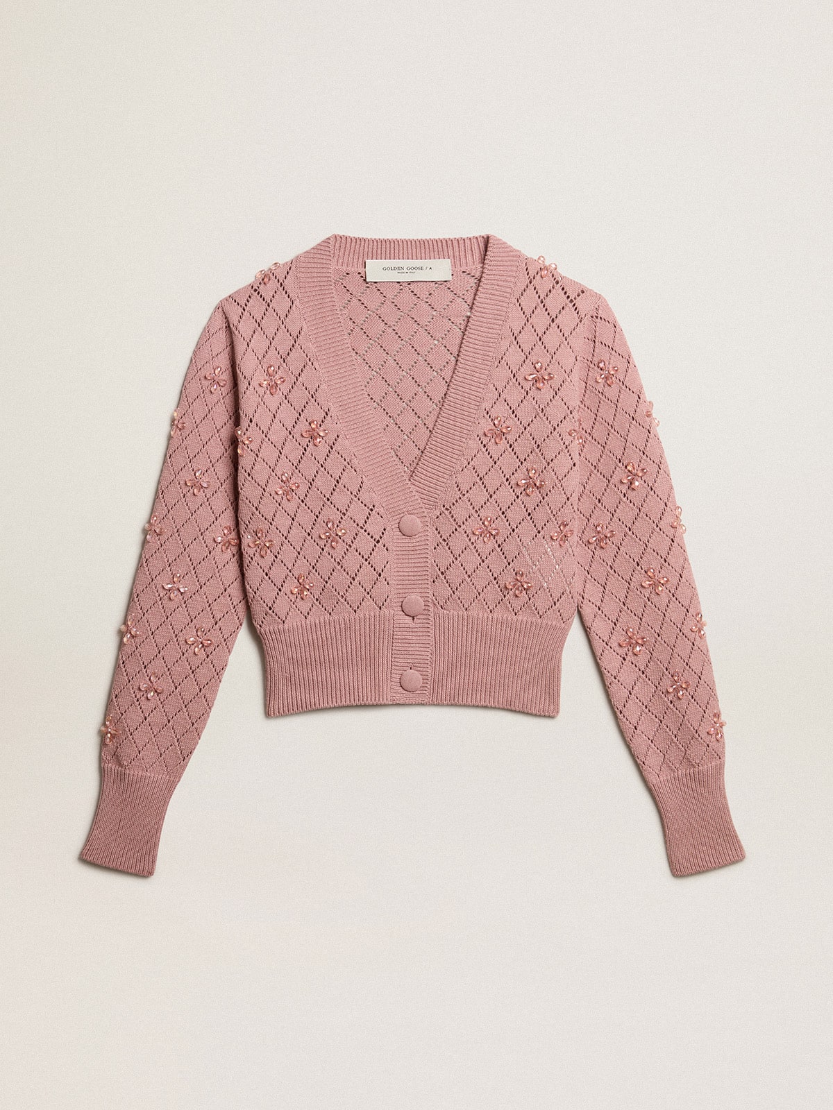 Openwork cotton cropped cardigan with decorative crystals| Golden Goose